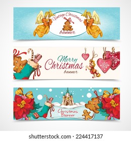 Vintage merry christmas new year holiday sketch horizontal banner colored set isolated vector illustration