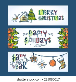 Vintage merry christmas new year holiday decoration sketch horizontal banner set isolated vector illustration