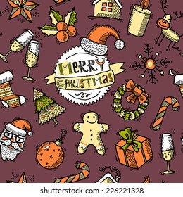 Vintage merry christmas new year holiday decoration sketch colored seamless pattern vector illustration