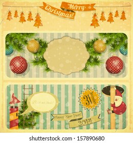 Vintage Merry Christmas and New Years Card with Santa Claus and Christmas Decorations in Old Style. Vector illustration.