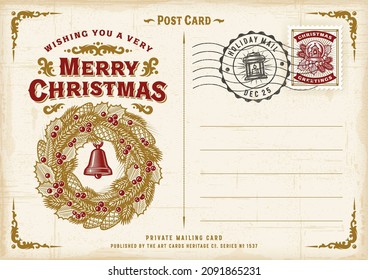 Vintage Merry Christmas Postcard. Editable EPS10 vector illustration in retro woodcut style with gradient mesh and transparency.