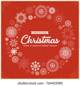 Vintage Merry Christmas Postcard/
Illustration of an elegant christmas vintage background, with circles of snowflakes and grunge texture, for christmas and new year's eve holidays