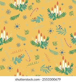 Vintage Merry Christmas Seamless pattern with hand drawn advent wreath, candles for festive projects, invitations, wall posters, social media and for decorating your home, crafts and goods