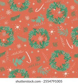 Vintage Merry Christmas Seamless pattern with hand drawn advent wreath, candles for festive projects, invitations, wall posters, social media and for decorating your home, crafts and goods