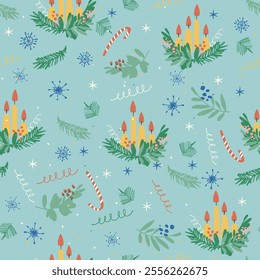 Vintage Merry Christmas Seamless pattern with hand drawn advent wreath, candles for festive projects, invitations, wall posters, social media and for decorating your home, crafts and goods