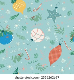 Vintage Merry Christmas Seamless pattern with hand drawn Christmas ball for festive projects, invitations, wall posters, social media and for decorating your home, crafts and goods