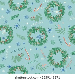 Vintage Merry Christmas Seamless pattern with hand drawn advent wreath, candles for festive projects, invitations, wall posters, social media and for decorating your home, crafts and goods