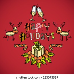 Vintage merry christmas sketch colored card with champagne deer and gift boxes vector illustration