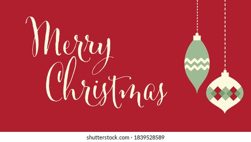 Vintage Merry Christmas Text with Ornaments in Red and Green