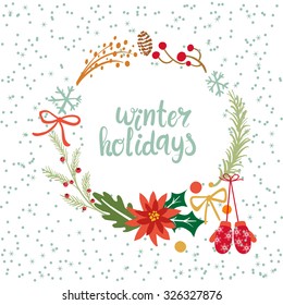 Vintage Merry Christmas Typographic Wishes and Winter Holiday Elements. Greeting hand drawn illustration for Xmas.