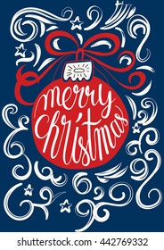 Vintage Merry Christmas Typographic Wishes and Winter Holiday Elements on blue background. Greeting hand drawn illustration for Xmas. Template for invitation, flyer, banner, poster, rooster year.