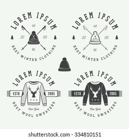 Vintage Merry Christmas or winter clothing shop logo, emblem, badge, label and watermark in retro style with sweaters, hats, scarfs, trees, stars, decor, deers and design elements. Vector illustration