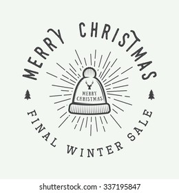 Vintage Merry Christmas or winter sales logo, emblem, badge, label and watermark in retro style with hat, deer, trees, stars, decor and design elements. Vector illustration