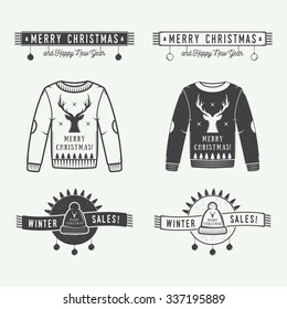 Vintage Merry Christmas or winter sales logo, emblem, badge, label and watermark in retro style with sweaters, hats, scarfs, trees, stars, decor, deers and design elements. Vector illustration