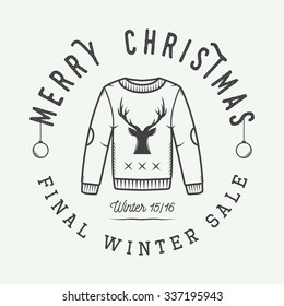 Vintage Merry Christmas or winter sales logo, emblem, badge, label and watermark in retro style with sweater, deer, trees, stars, decor and design elements. Vector illustration