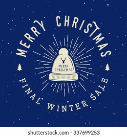 Vintage Merry Christmas or winter sales logo, emblem, badge, label and watermark in retro style with hat, deer, trees, stars, decor and design elements. Vector illustration