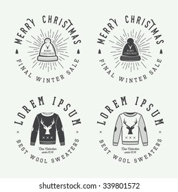 Vintage Merry Christmas or winter sales logo, emblem, badge, label and watermark in retro style with sweaters, hats, scarfs, trees, stars, decor, deers and design elements. Vector illustration