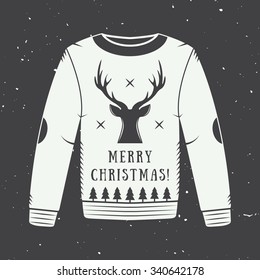 Vintage Merry Christmas or winter sales logo, emblem, badge, label and watermark in retro style with sweater, deer, trees, stars, decor and design elements. Vector illustration