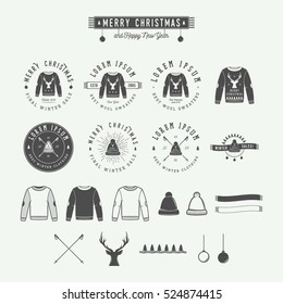 Vintage Merry Christmas or winter sales logo, emblem, badge, label and watermark in retro style with sweaters, hats, scarfs, trees, stars, decor, deers and design elements. Vector illustration

