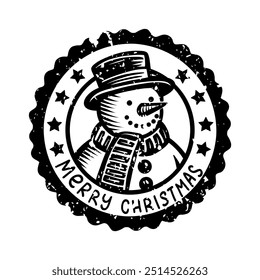 Vintage Merry Christmas wishes Postmark with Snowman. Holiday Postal Watermark for Greeting Cards, Scrapbooking, and Collages. Santa mail Isolated Stamp