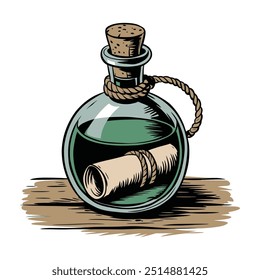 Vintage message in a bottle with rolled parchment and cork stopper