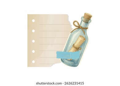Vintage message in bottle with torn paper sticker background