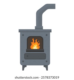 Vintage metal iron fireplace with burning fire cartoon illustration