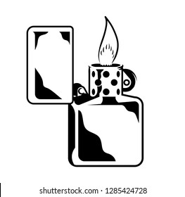 Vintage metal lighter with fire for smoking. Retro old school graphic illustration for print t shirt poster sticker patch icon logo.