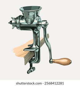 Vintage metal meat grinder illustration. Manual meat grinder with wooden handle. Classic kitchen tool, meat grinder for traditional cooking. Retro meat grinder art. Isolated vector element.