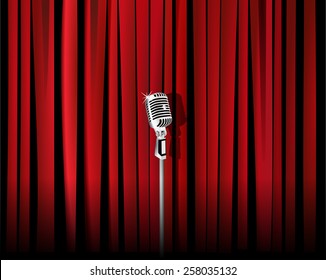 Vintage metal microphone against red curtain backdrop. mic on empty theatre stage, vector art image illustration. stand up comedian night show or karaoke party background. realistic retro design eps10