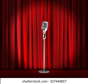Vintage Metal Microphone Against Red Curtain Backdrop. Mic On Empty Theatre Stage, Vector Art Image Illustration. Stand Up Comedian Night Show Or Karaoke Party Background. Realistic Retro Design Eps10