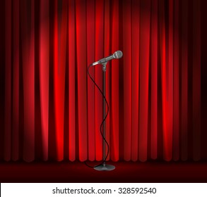 Vintage Metal Microphone Against Red Curtain Backdrop. Mic On Empty Theatre Stage, Vector Art Image Illustration. Stand Up Comedian Night Show Or Karaoke Party Background. Realistic Retro Design Eps10