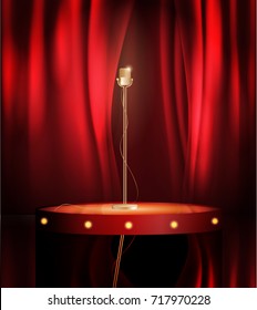 Vintage metal microphone on stage with red curtain backdrop. mic on empty theatre stage, vector art image illustration. stand up comedian night show or karaoke party background with text space. retro