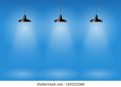 Vintage Metal pendant cone lamps on blue painting wall background. Original Retro design. Hang ceiling model. Vector illustration
