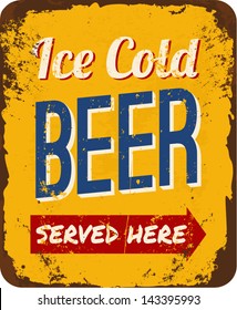 Vintage metal sign 'Ice Cold Beer Served Here'.