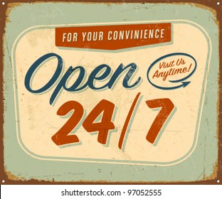 Vintage metal sign - Open 24-7 - Vector EPS10. Grunge effects can be removed.