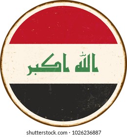 Vintage Metal Sign - Round Iraq Flag - Vector EPS10. Grunge scratches and stain effects can be easily removed for a cleaner look.