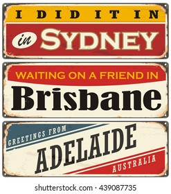 Vintage metal signs collection with Australian cities. Sydney, Brisbane and Adelaide.