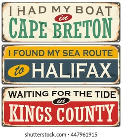 Vintage metal signs collection with Canada cities. Travel souvenirs on grunge scratched background.