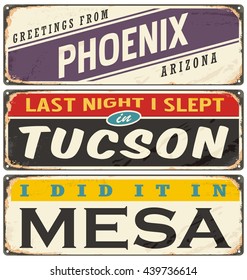 Vintage metal signs collection with USA cities. Travel souvenirs on grunge damaged background.