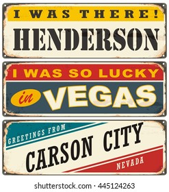 Vintage metal signs collection with USA cities. Travel souvenirs on grunge damaged background.