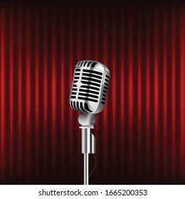 Vintage metal studio microphone isolated on red background vector illustration