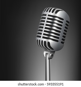 Vintage metal studio microphone isolated on dark background vector illustration