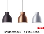 Vintage Metallic stylish hang ceiling cone lamp set. Original Retro design. Black, brass, and chrome color. Vector illustration Isolated on white background.