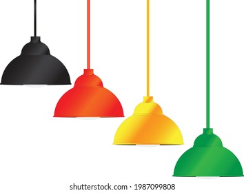 Vintage Metallic stylish hang ceiling cone lamp set. Original Retro . Vector illustration Isolated on white background.