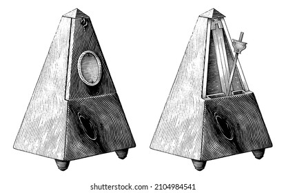 Vintage metronome hand draw vintage engraving style black and white clipart