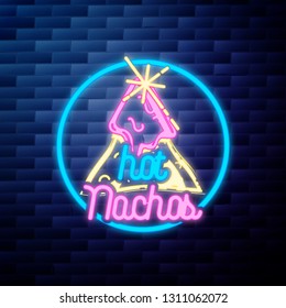 Vintage mexican food emblem glowing neon sign on brick wall background