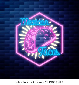 Vintage mexican food emblem glowing neon sign on brick wall background