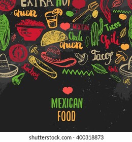 Vintage Mexican Food menu with lettering. Mexican kitchen tacos, burritos, nachos. Can be used for restaurant, cafe wrapping. 