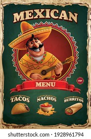 Vintage Mexican Food Menu With Man With Guitar